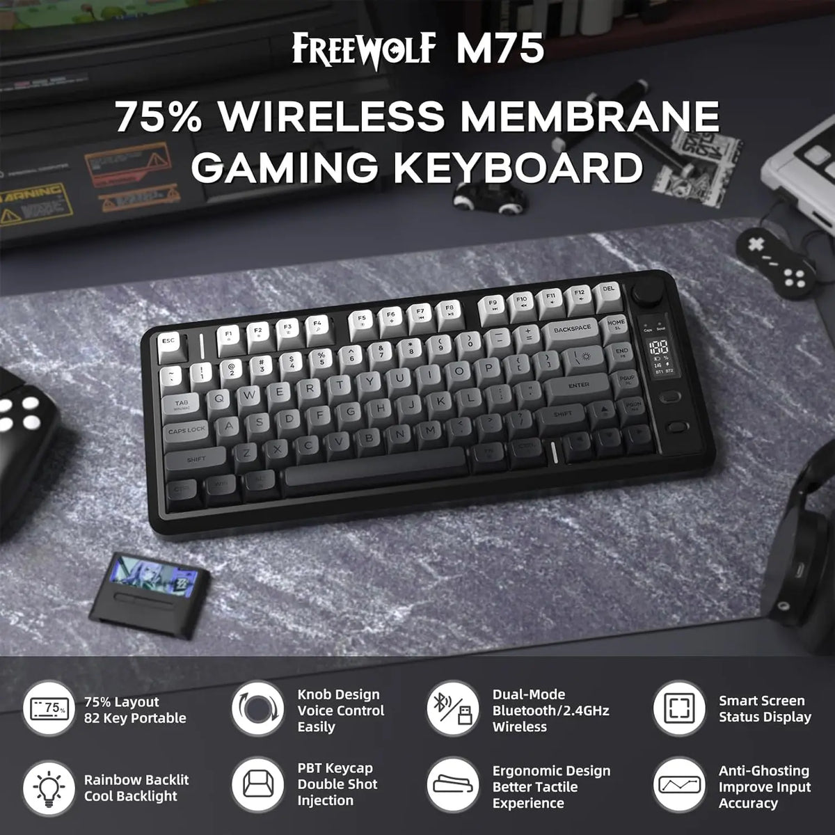 ATTACK SHARK M75 Wireless Membrane Gaming Keyboard with Knob&OLED Display Bluetooth/2.4Ghz Rainbow Backlit Gradient PBT Keycaps